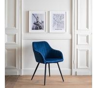 Happy Garden Chaise en Velours BERTILLE Bleue - Style Moderne avec Dossier et accoudoirs en Velours rembourrée et Pieds en métal Noir.