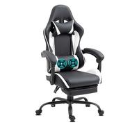 Chaise gamer avec massage 2 points et repose-pieds - Fauteuil gaming ergonomique Delman en cuir synthétique blanc, base métal