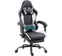 Chaise Gaming Delman, 2 points de massage par vibration, repose-pieds escamotable, cuir synthétique blanc, base en métal Blanc