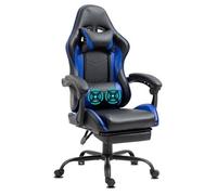 Chaise Gaming Delman, 2 points de massage par vibration, repose-pieds escamotable, cuir synthétique bleu, base en métal