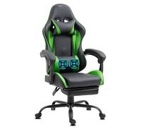Chaise Gaming Delman, 2 points de massage par vibration, repose-pieds escamotable, cuir synthétique vert, base en métal