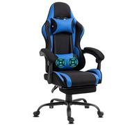 Chaise Gaming Delman, 2 points de massage par vibration, repose-pieds escamotable, tissu bleu, base en métal