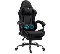Chaise Gaming Delman, 2 points de massage par vibration, repose-pieds escamotable, tissu noir, base en métal