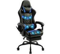Chaise Gaming Delman, 6 points de massage par vibration, repose-pieds escamotable, cuir synthétique bleu, base en métal Bleu