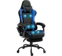 Chaise Gaming Delman, 6 points de massage par vibration, repose-pieds escamotable, tissu bleu, base en métal Noir et Bleu