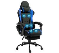 Chaise Gaming Delman, 6 points de massage par vibration, repose-pieds escamotable, tissu bleu, base en métal Noir et Bleu