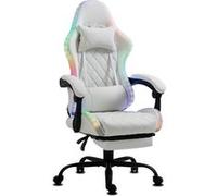 Chaise Gaming Ergonomique en Similicuir avec Repose-Pieds et LED RGB Intégrée, Fauteuil Inclinable, Base Métal Delman Blanc