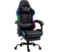 Chaise Gaming Ergonomique en Similicuir avec Repose-Pieds et LED RGB Intégrée, Fauteuil Inclinable, Base Métal Delman Noir