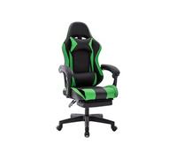 Chaise gaming Delman, avec repose-pieds escamotable et appui-tête, similicuir vert, dossier inclinable, base en plastique renforcé