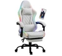Chaise Gaming Ergonomique en Similicuir avec Repose-Pieds et LED RGB Intégrée, Fauteuil Inclinable, Base Métal Delman Blanc