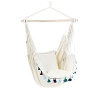 Chaise Hamac Boho Suspendu avec Coussins et Pompons en Coton Beige et Bleu