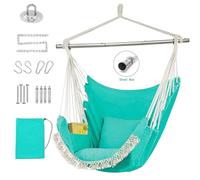 Chaise hamac suspendue avec poche, barre de support amovible en acier, capacité de 226,8 kg, chaise hamac en coton tissé, 2 coussins doux pour intérieur et extérieur, vert