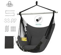 Chaise hamac suspendue avec poche, barre de support amovible en acier, capacité de 226,8 kg, chaise hamac en coton tissé, 2 coussins doux pour intérieur et extérieur, gris foncé