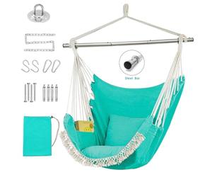 Chaise hamac suspendue avec poche, barre de support amovible en acier, capacité de 226,8 kg, chaise hamac en coton tissé, 2 coussins doux pour intérieur et extérieur, vert