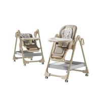 Chaise haute 2 en 1 pour bébé avec mode balançoire, chaise d'alimentation pliable avec roulettes, réglage de la hauteur à 5 niveaux, plateau divisé à 2 niveaux, pour bébés de 6 à 36 mois (Y8122-KAKI)