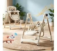 Chaise Haute Balancelle Électrique 8 Hauteurs 6 Angles Inclinaison Roulettes 360° Harnais 5 Points Pour Nourrisson 0-18 Mois 15KG