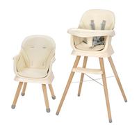 Chaise Haute Bébé 6 en 1 avec Pieds en Bois, Chaise Haute Évolutive Convertible en Rehausseur et Chaise Enfant, Harnais 5 Points, Plateau Amovible, pour Bébé de 6 Mois à 6 Ans (Beige)
