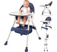 Chaise Haute bébé Evolutive Pliable Chaise Haute Inclinable Enfant Chaise Reglable Hauteur avec Roue Verrouillable et Double Plateau, 4 Angles d'Inclinaison, de 6+ Mois (Bleu)