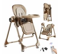 Chaise Haute Bébé Pliable En Cuir PU avec Balancelle Électrique Intelligente et Télécommande, 5 Hauteurs et 3 Positions D'inclinaison, Chaise Haute Bébé Evolutive avec Tablettes et Roulettes (Kaki)