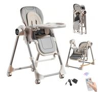 Chaise Haute Bébé Pliable En Cuir PU avec Balancelle Électrique Intelligente et Télécommande, 5 Hauteurs et 3 Positions D'inclinaison, Chaise Haute Bébé Evolutive avec Tablettes et Roulettes (Gris)
