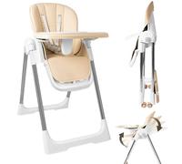 Chaise haute bébé pliante 4en1, 4 Positions d'Inclinaison, Hauteur réglable, Chaise haute enfant avec plateau amovible et roulettes, évolutive avec ceinture à 5 points, Beige
