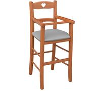 Chaise haute en bois cerisier avec assise rembourrée en simili cuir tourterelle
