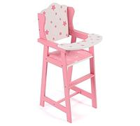 Chaise Haute en Bois Stars Rose/Blanc - avec Coussin et Plateau Repas - pour Poupee et Poupon 36-46cm - Meuble, Accessoire