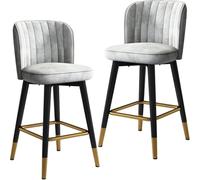 Chaise Haute Pivotante Dossier en Velours Tabourets De Bar 2 Pcs, Tabouret De Bar De Réception De Comptoir De Cuisine à La Maison avec Pieds Noirs Et Repose-Pieds en Chrome Doré, Grey, 65 cm
