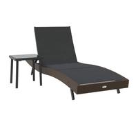 Chaise longue 2 pièces en polyrotin noir et marron avec table basse | Chaise longue pliante, dossier 4 positions, acier peint, usage extérieur, table basse incluse