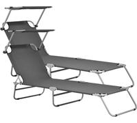 Chaise longue Argozelo Set de 2 Chaises longues de jardin avec toit solaire Chaise longue de plage Chaise longue de transport Réglable Pliable Structure en acier Gris foncé