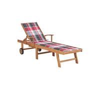 Chaise longue avec coussin à carreaux rouge Bois de teck solide