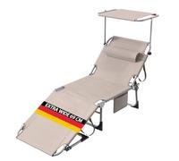 Chaise Longue Bain de Soleil Pliable avec Poche Latérale, Pare-Soleil 360° Ajustable, Transat Extra Large 68 cm, Dossier Inclinable et Appuie-Tête, pour Jardin-Plage-Camping, Tissu Oxford 600D, Kaki