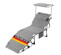 Chaise Longue, Bain de Soleil Pliable avec Poche Latérale, Pare-Soleil 360° Ajustable, Transat Extra Large 68 cm, Acier, Dossier Réglable & Appuie-Tête, pour Jardin-Plage, Tissu Oxford 600D, Lin Gris