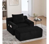 Chaise Longue d’Intérieur Velours Côtelé - Fauteuil Lounge Rembourré avec Repose-Pieds & Coussin, Canapé 1 Place à Poches Latérales, sans Assemblage, Idéal pour Salon, Chambre (Noir)