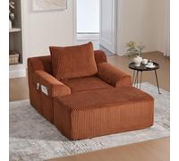 Chaise Longue d’Intérieur Velours Côtelé - Fauteuil Lounge Rembourré avec Repose-Pieds & Coussin, Canapé 1 Place à Poches Latérales, sans Assemblage, Idéal pour Salon, Chambre (Orange)