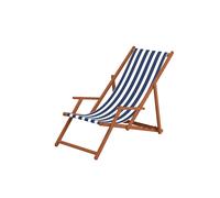 Chaise longue de jardin, bain de soleil pliant, bois massif, tissu bleu-blanc