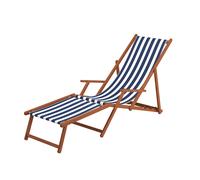 Chaise longue de jardin, bain de soleil pliant, bois massif, tissu bleu-blanc