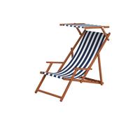 Chaise longue de jardin, bain de soleil pliant, bois massif, tissu bleu-blanc