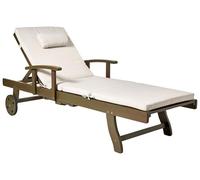 Chaise Longue de Jardin Classique en Bois d'Acacia Inclinable avec roulettes et Coussin Transat Beige Clair Amantea Premium