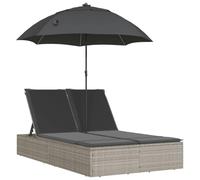 Chaise longue double avec coussins et parasol gris clair rotin