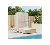 vidaXL Chaise longue double avec toit et rideaux beige résine tressée, transat, lit de jour d'extérieur, lit de jour de 368103