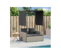 Chaise longue double avec toit et rideaux gris clair poly rotin, transat, lit de jour d'extérieur, lit de jour de 4002760