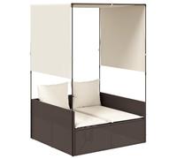 Chaise longue double avec toit et tentes, marron, polyrotin | Résistant aux UV, coussins amovibles lavables, structure en acier revêtu par pulvérisation, toit et rideaux amovibles