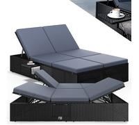 Chaise longue double CASARIA - Bain de soleil 2 places - Extrémités réglables - Polyrotin - Noir anthracite - Jardin terrasse