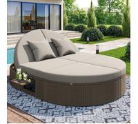 Chaise Longue Double en Rotin, Lit de Jardin avec Tablette Latérale pour 2 Personnes,Table Pliante, Canapé d'extérieur Réglable Gris