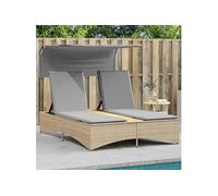 Chaise longue double et auvent et coussins mélange beige rotin, lit de bronzage, chaise longue inclinable, lit de 365623
