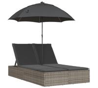 Chaise longue double et coussins et parasol gris résine tressée