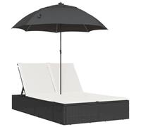 Chaise longue double et coussins et parasol noir résine tressée