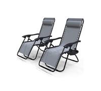 Chaise longue inclinable en textilene avec porte gobelet et portable gris Lot de 2