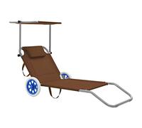Chaise longue pliable avec auvent et roues Acier Taupe